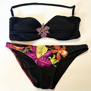 Retro Victoria’s Secret 2 Piece Tropical Bikini Swim Black Floral Low Rise S & L